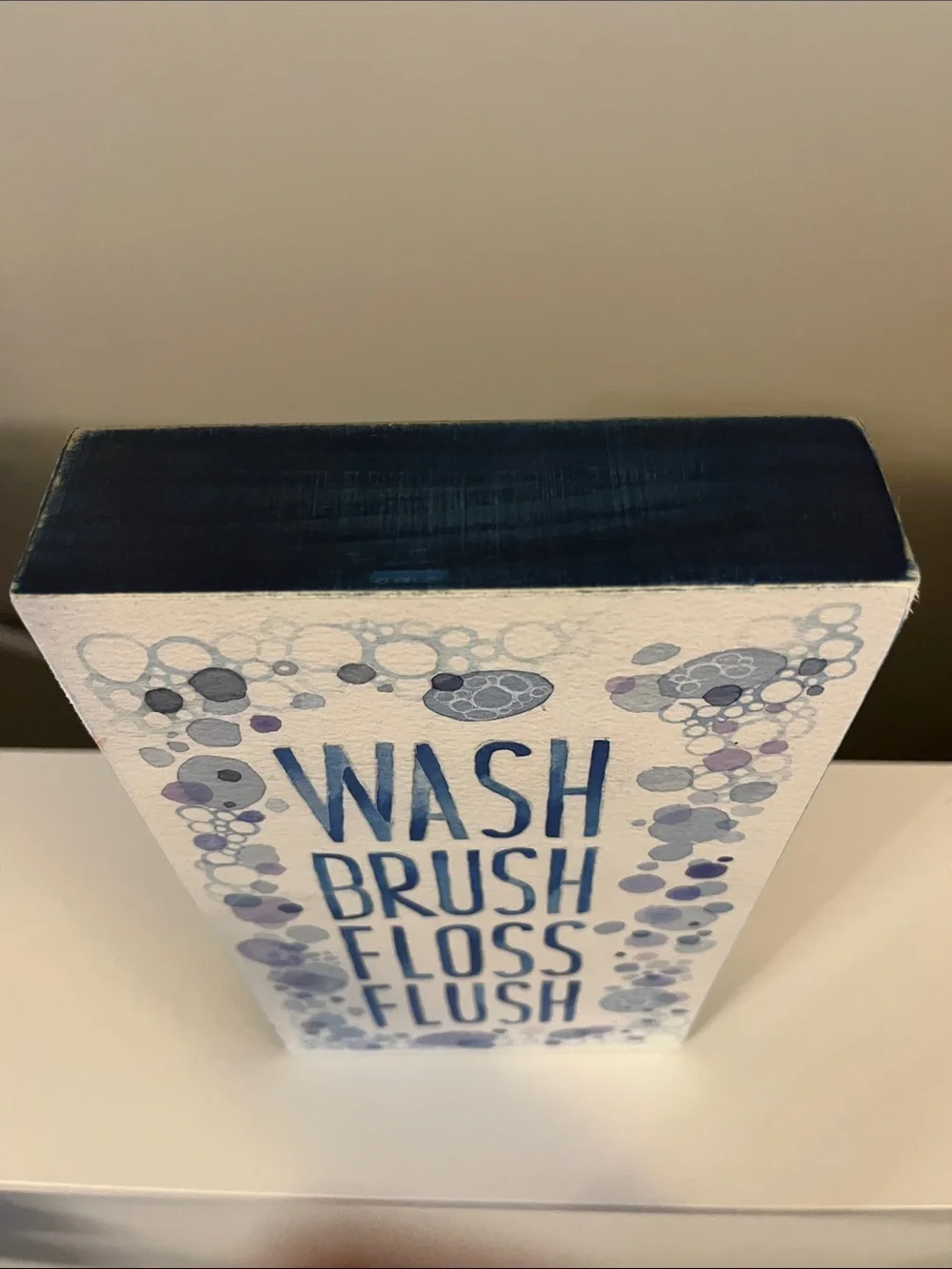 Blue 'Wash Brush Floss Flush' wooden Bathroom Sign 11x6x1.5 inches